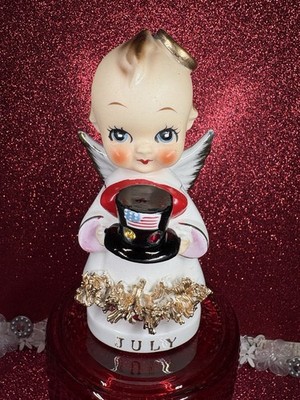 Vtg Arnart 4th Of July Kewpie Angel W/ Rhinestone & Flag Top Hat Figurine Japan