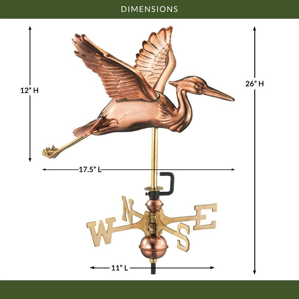 Good Directions Blue Heron Cottage Weathervane - Pure Copper with Roof Mount - Image 3 of 4