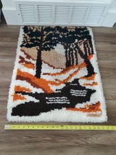 Vintage 70s Latch Hook Completed Rug Winter Forest Mountain Scene 21x28"