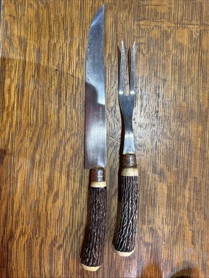 Vintage Rostfritt Stal Faux Antler Meat Fork And Knife Pair