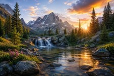 Fotografía en color de paisaje montaña amanecer río cascada bosque naturaleza