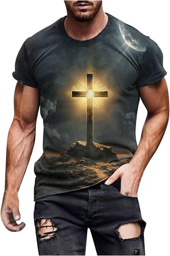 Men's Fashion Jesus Cross 3D Print T-Shirt Short Sleeve Funny Graphic Tees Tops