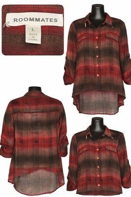 Roommates Womens Large Red Plaid Button Up Sheer Hi Low Blouse Shirt