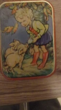 VINTAGE EDWARD SHARP AND SONS LTD CANDY TIN LITTLE GIRL FEEDING PIGS
