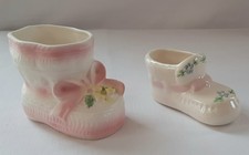 Lot of 2 Vintage Ceramic Baby Bootie Planters with Flowers Baby Girl 1960s 