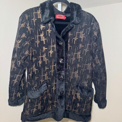 Milly Jeans Black Bronze Laser Cut Faux Suede Fur Trim Jacket Womens Small