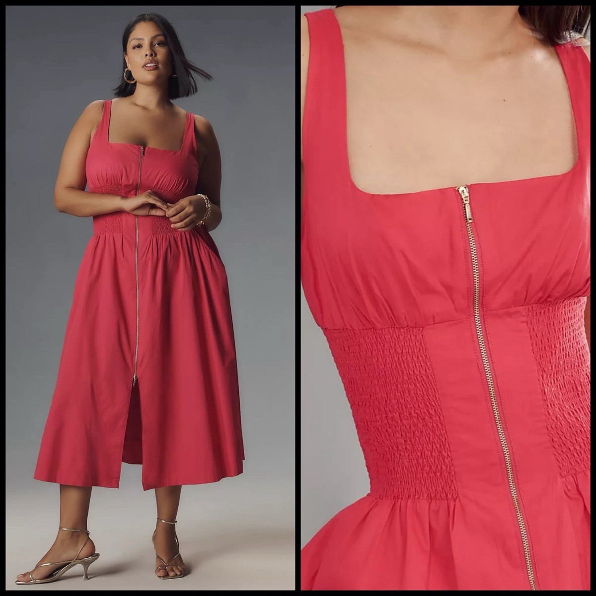 Anthropologie The Tommie Smocked Zip-Front Midi Dress Scoop Neck Size XL |  eBay