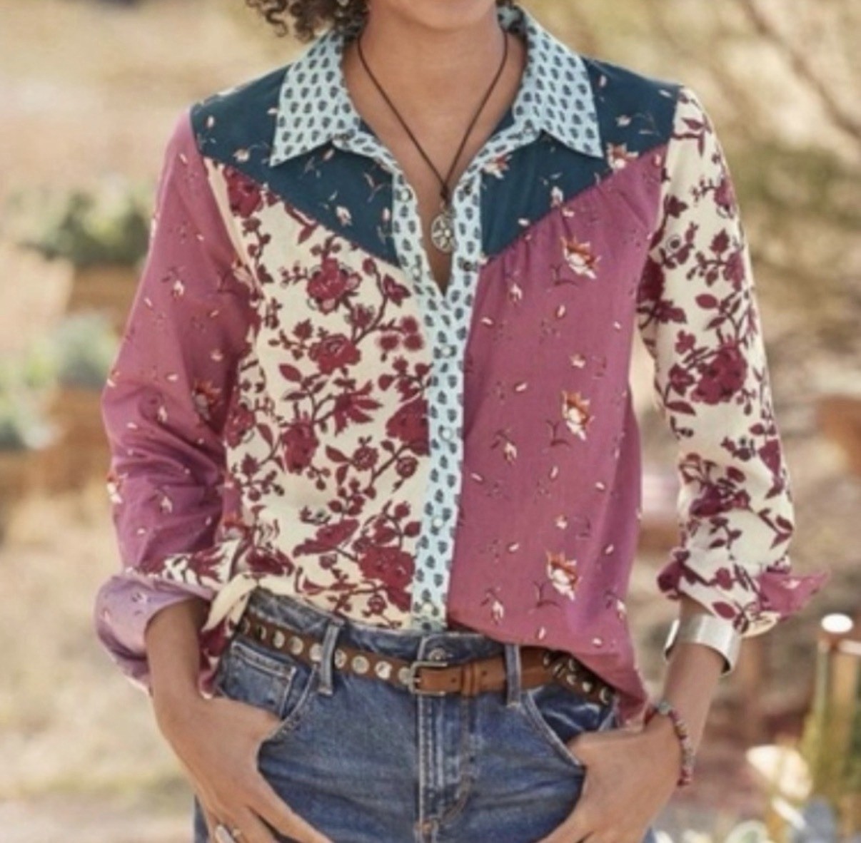 Sundance Patchwork Style Button Down Long Sleeve … - image 1
