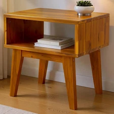 Serena Nightstand Solid Wood Nightstand with Open Storage Shelf, Wood Bedside Ta