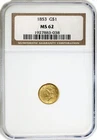 1853 $1 Liberty Head Type 1 Gold Dollar NGC MS62 Uncirculated Coin