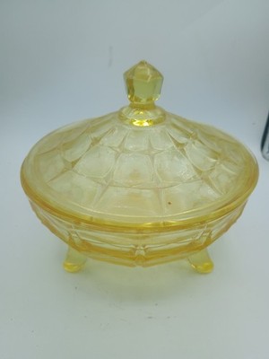Vtg Indiana Tiara Glass Yellow Mist Constellation Dish & Cover Splayed Feet  7''
