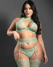 SHEER HEART OF LACE HALTER TOP G STRING & GARTERED STOCKINGS FANTASY LINGERIE