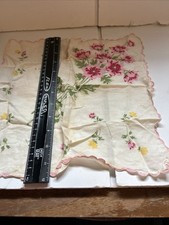 Vintage Sheer Handkerchief Scalloped W/ Floral Pink And Yellow Tulips Stained