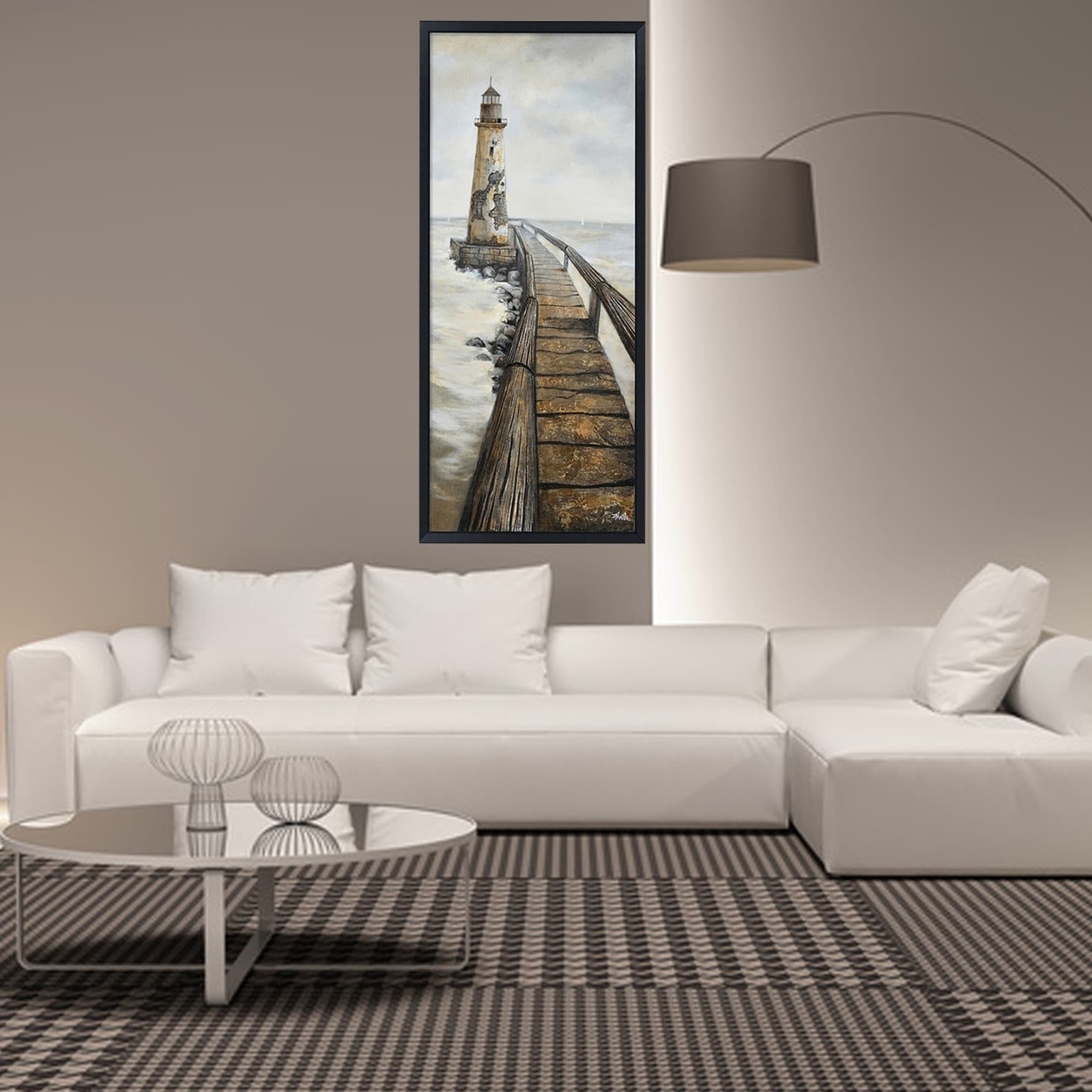 Hand Painted Acrylic Wall Art Vintage Light House 32 x 71 Grey Extra Large