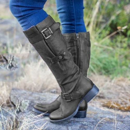 Women's Motorcycle Low Flat Heel Buckle Strap Mid-Calf Riding Boots Size 34-43 - Picture 14 of 17