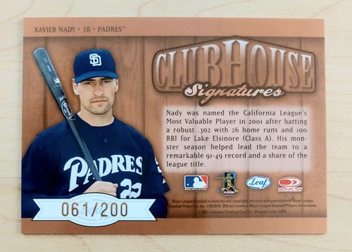 2002 Leaf XAVIER NADY "Clubhouse Signatures" Bronze AUTO S#061/200 PADRES - Picture 2 of 3
