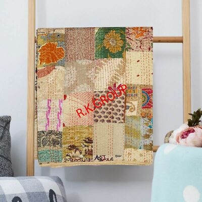 Vintage Patchwork Kantha Bedspread Indian Handmade Quilt Throw Silk & Blanket