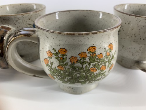 Takahashi Speckled Stoneware Pedestal Coffee Mug x4 Yellow Orange Blue Flowers - Picture 7 of 9