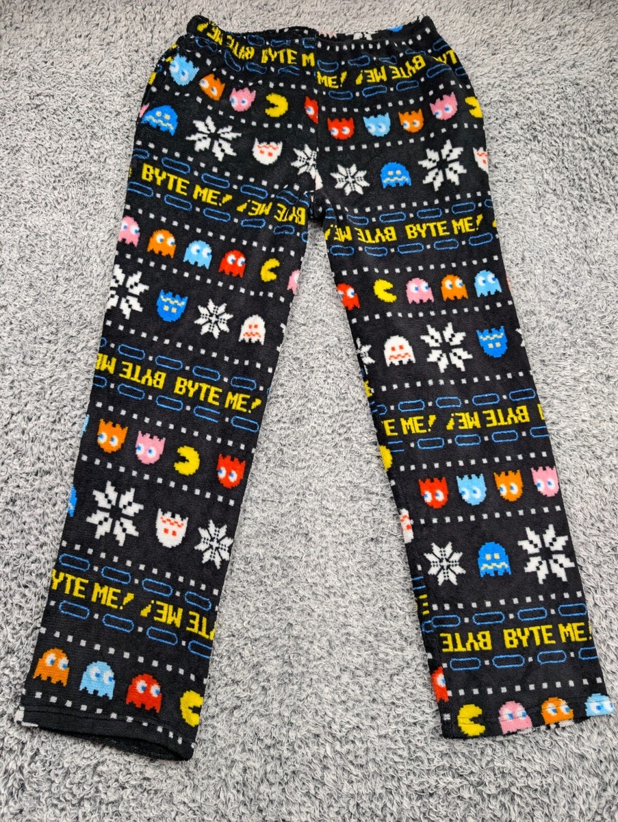 Pac Man Pants Mens Large Black Elastic Waist Drawstring Sleepwear
