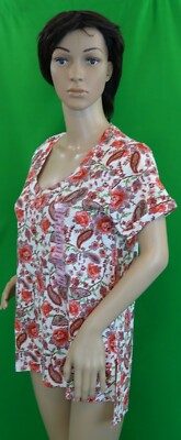 PHILOSOPHY Pink roses on white short sleeve longer back V-neck T-shirt top,2XL-S
