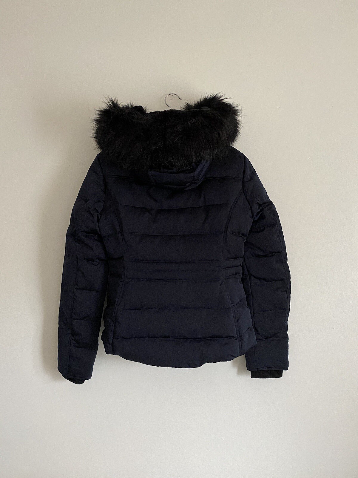 Zara Water Repellent Navy Blue Faux Fur Hooded Down Puffer Jacket Coat, Size S image 3