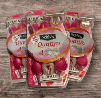 SCHICK QUATTRO 4 BLADE WOMEN'S DISPOSIBLE RAZORS RASPBERRY RAIN 3 PKS X3=9 TOTAL