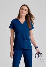 Grey's Anatomy Scrub Top Women's Small Blue Indigo V-Neck Mock Wrap 3-Pocket