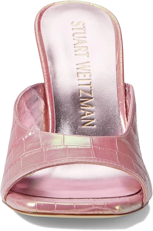$525 Stuart Weitzman Tia 100 Lucite Wedge Croc Leather Mule Metallic Pink 8.5 - Image 2 of 4