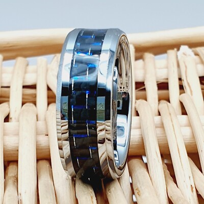 Unique 8mm Blue Carbon Fiber Silver Tungsten Band Personalized Anniversary Ring