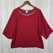 Le Lis Blouse Women's Large Red Rhinestone Beaded Christmas Holiday Party Flowy