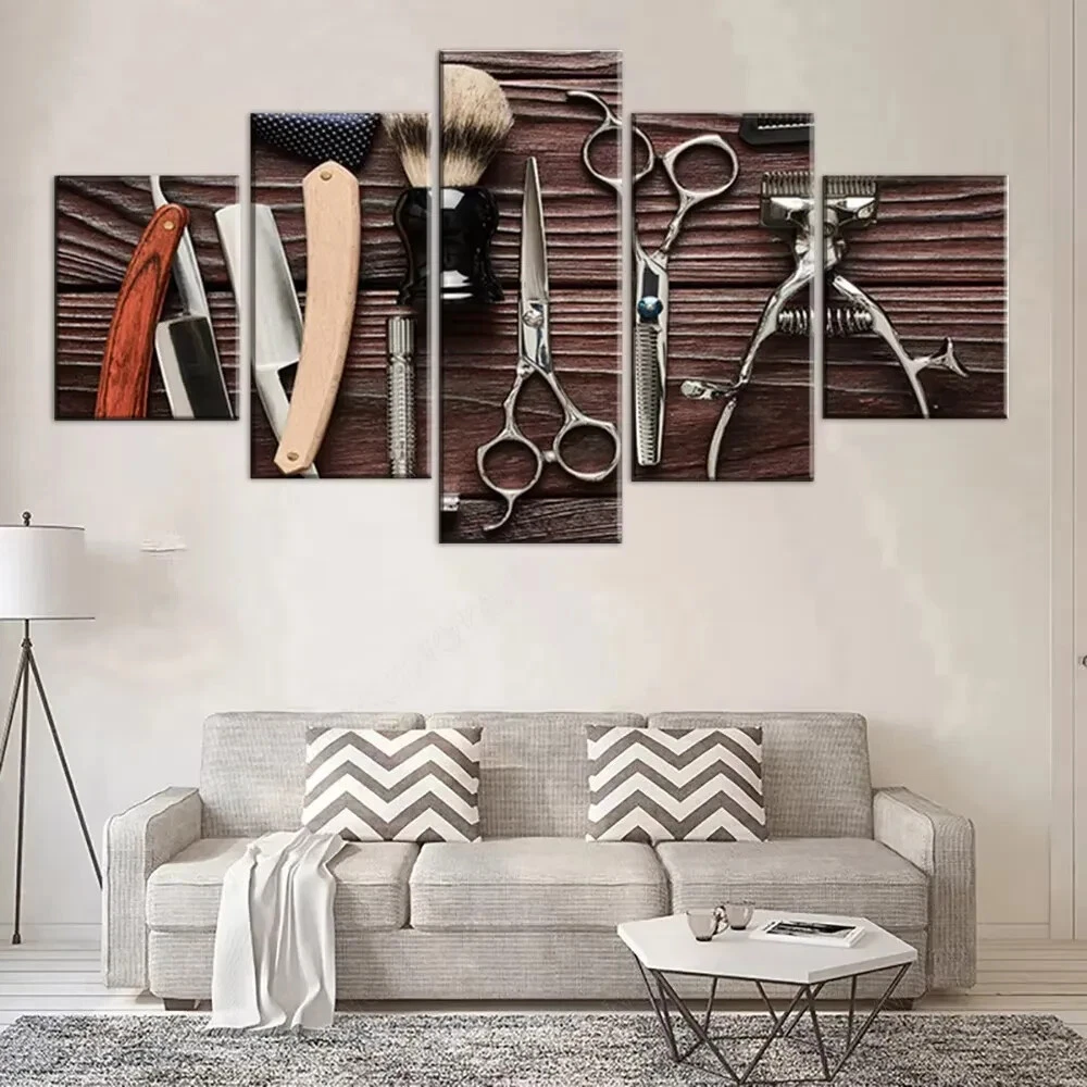 Vintage Barber Shop Haircut Tools Hair Salon 5 Piece Panel Canvas Wall Art Decor