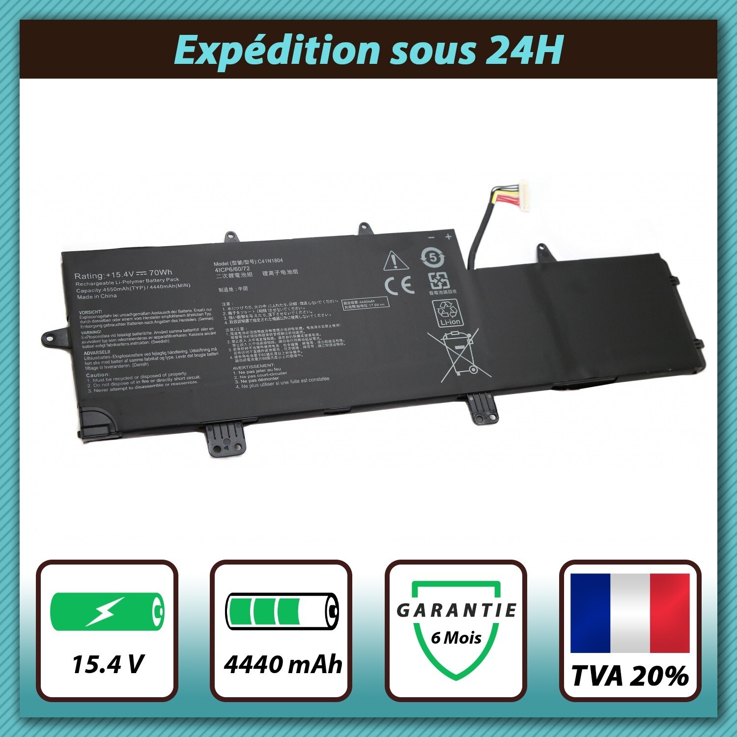 Batterie pour Asus ZenBook Pro 14 UX480FD C41N1804 15.4V 4440mAh