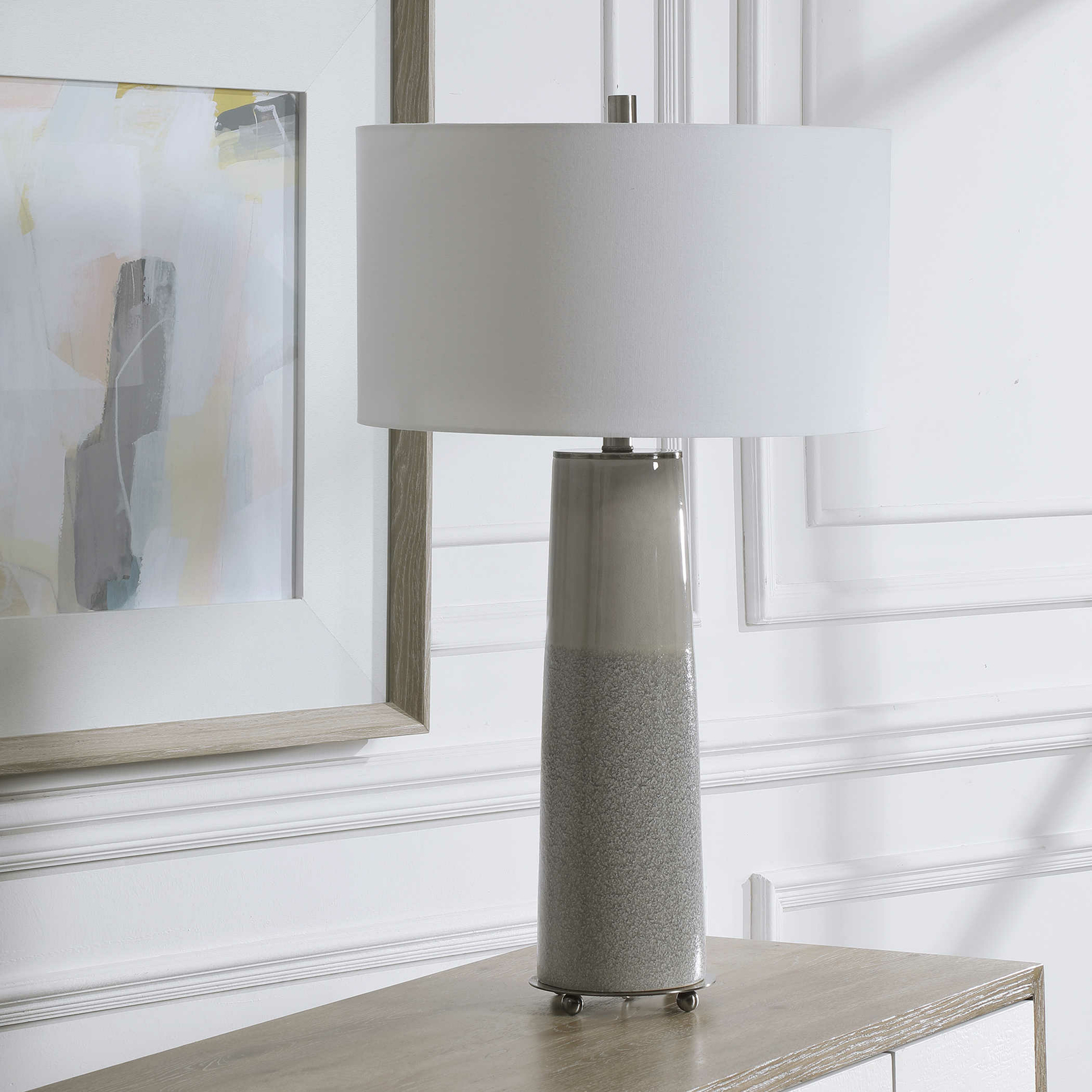 Sleek Contemporary Light Gray Column Table Lamp Ceramic Two Tone Gloss Textured