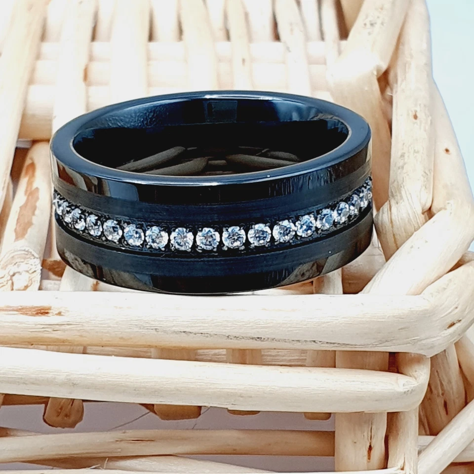Alianza de boda de eternidad para hombre - tungsteno negro con anillo de compromiso de circonita cúbica blanca Foto 4 de 4