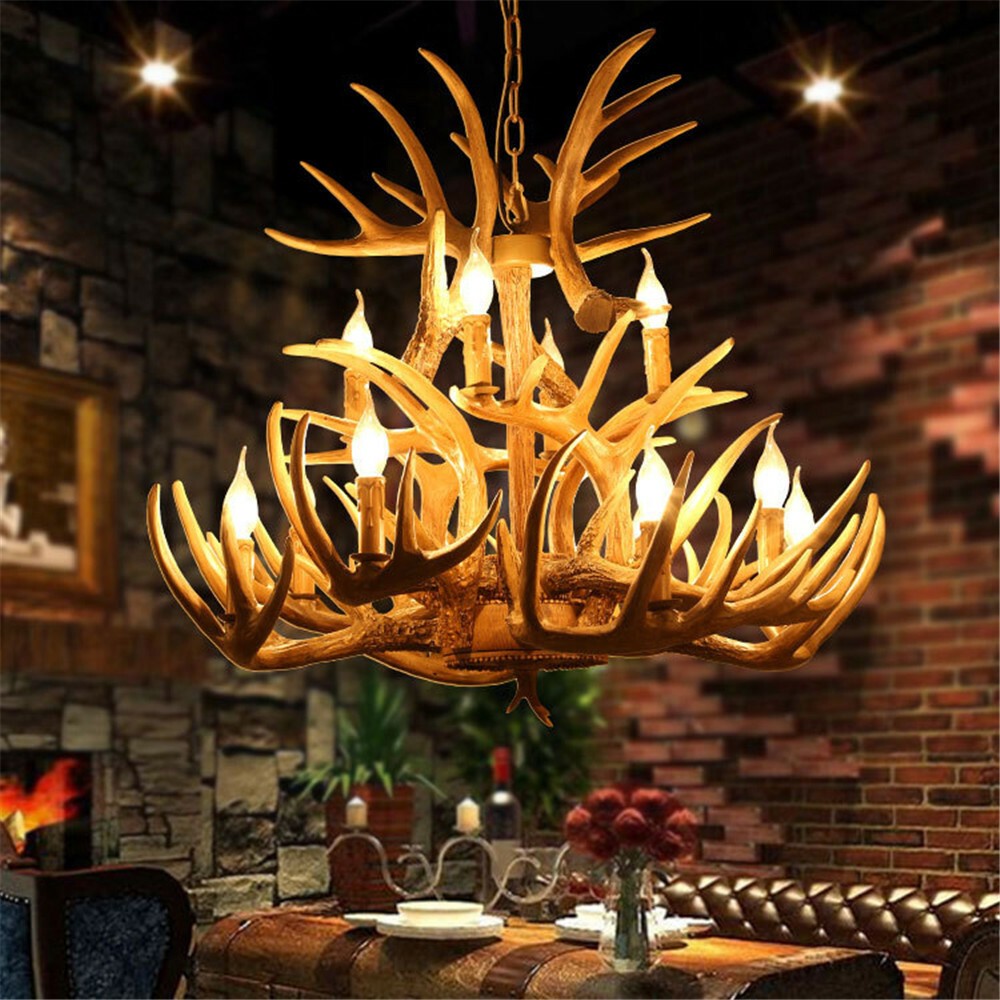 Rustic 3-Tier Resin Antler Chandelier Farmhouse 12-Light Ceiling Pendant Light