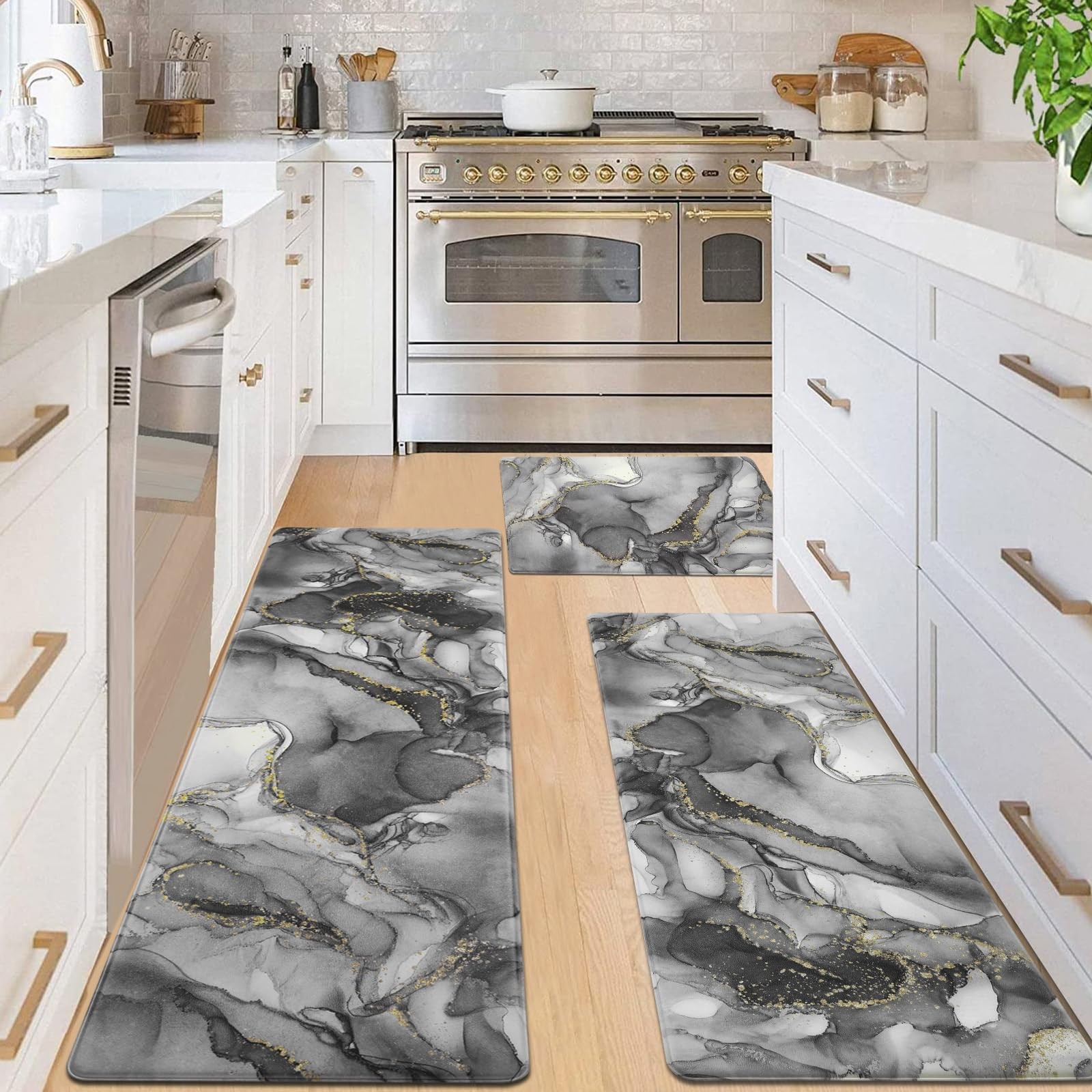 Gray Marble Kitchen Floor Mats 3-Piece Set Waterproof Non-Slip Modern Design