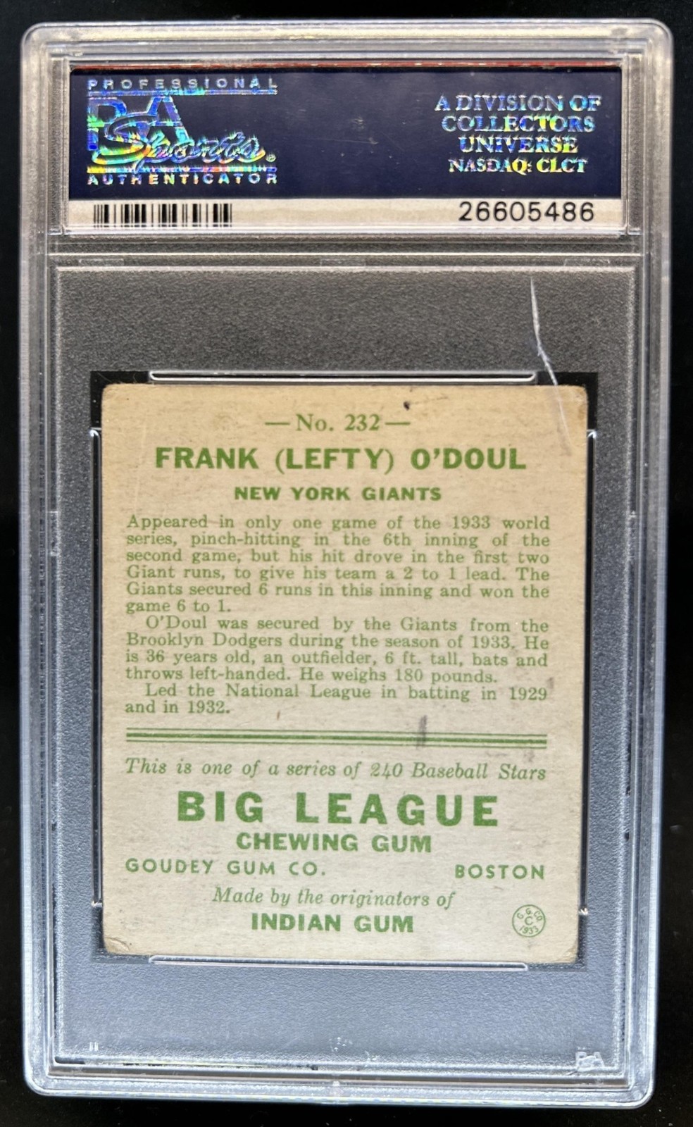 1933 Goudey R319 Frank "Lefty" O'Doul Rookie RC #232 Giants PSA 2 view 2