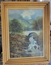 Victorian Era Oil Painting Landscape Highland Waterfall Size 53x68cm Gold Frame