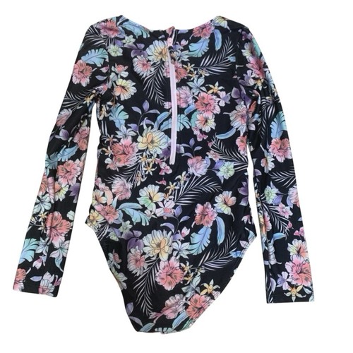 ART CLASS KIDS Girl’s Black Floral Zip Up Long Sleeve Swimsuit SIZE L 10/12 - Picture 2 of 5