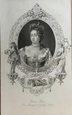 1848 Queen Anne Of England Original Antique Print By Godfrey Kneller