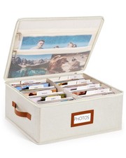 Photo Storage Box with Zipper Lid  Dividers, Linen Photo Organizer Container...