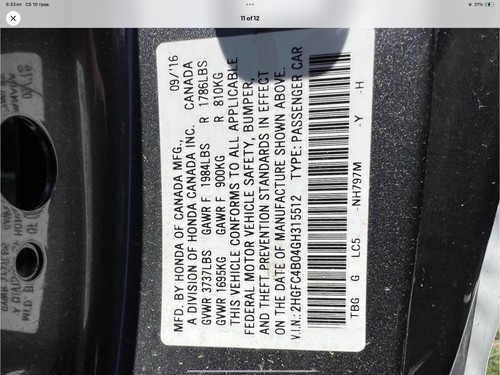 2016-2018 Honda Civic Left Door Mirror Assembly OEM - Picture 9 of 9