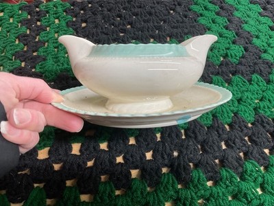 Monticello by Steubenville for herman Kupper NY Gravy Boat white w blue trim