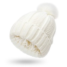 Winter Knitted Beanie Hat for Women Faux Fur Pom Pom, Stretchy Lined Skull Cap