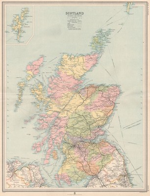 Scotland Railways, Reisebusstraßen, Kanäle & Buslinien. Landkreise. Große Karte von 1912