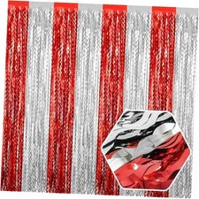 4 Pack Wave Foil Fringe Curtain Backdrop, 3.28Ft x 8.2Ft Metallic Red Silver