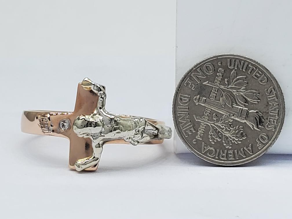 Diamond Solitaire Crucifix Ring Solid 10K Two Ton… - image 7