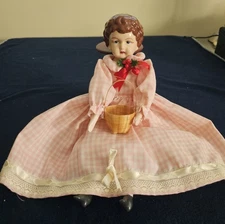 Porcelain Doll, Head, Arms & Legs Pink Dress W/ Basket, Makers Mark Illegible 