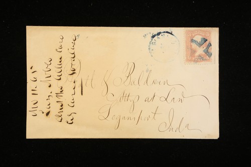 US BRIEF 19. JAHRHUNDERT BLAUER TINTENSTEMPEL NACH LOGANSPORT INDIANA