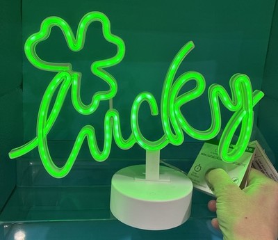 Lucky Neon Shamrock Table Light St. Patricks Day Decor Battery-Powered Green LED